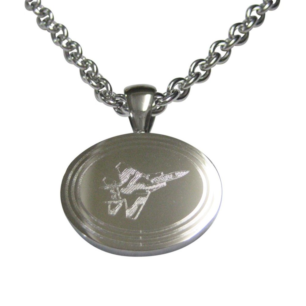 Etched Oval Fighter Jet Plane Pendant Necklace